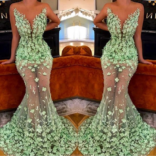 

lime green see through mermaid prom dresses 2019 3d floral appliques sheer jewel neck sleeveless tulle floor length celebrity evening gown, Black