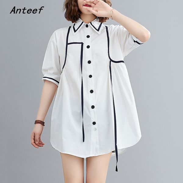 

cotton vintage stripe korean style summer plus size casual loose long shirt women blouse 2020 clothes ladies streetwear, White