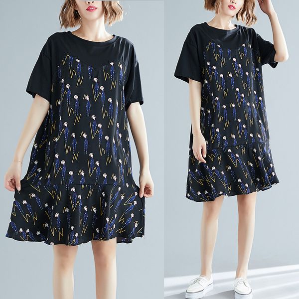 

2019 fat  easy will code split joint false two paper chiffon cartoon printing dress woman by age t shirt skirt, Gray