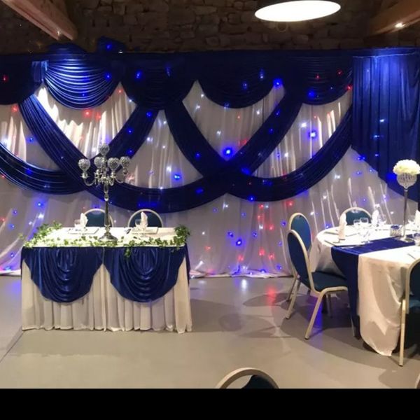 3m 6m White Color Ice Silk Wedding Backdrops With Royal Blue Swag