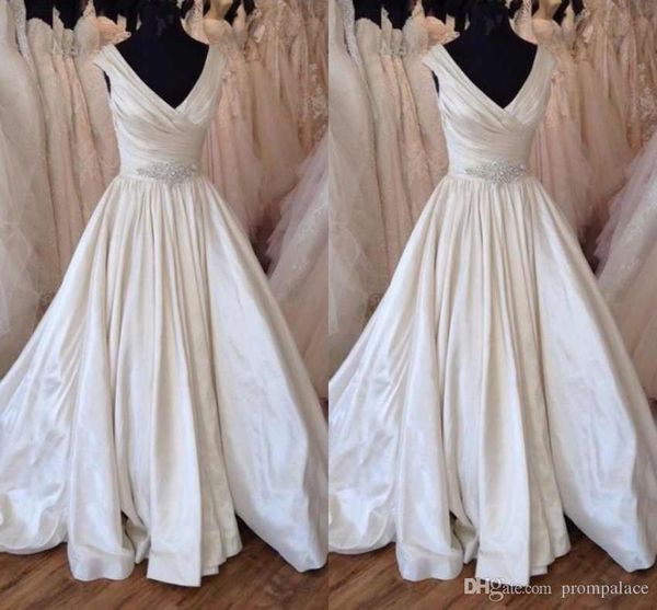 

simple a line wedding dresses sleeveless v neck taffeta backless fashion bridal gowns with sweep train, White