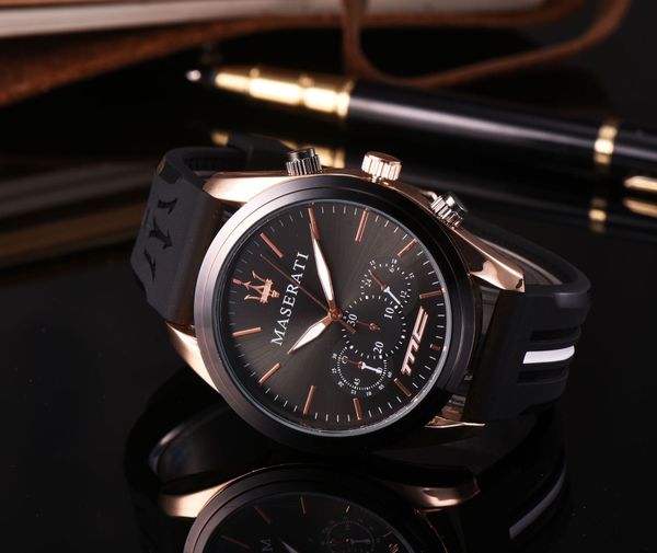

wholesale mens fashion watch maserati sport watches rubber strap designer quartz movement sale gift clock wristwatch montre homme, Slivery;brown