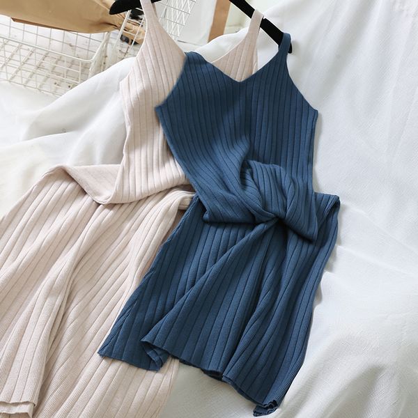 

casual korean women solid empire a-line dress autumn spaghetti strap v-neck elegant ladies mid-calf dresses vestidos, Black;gray
