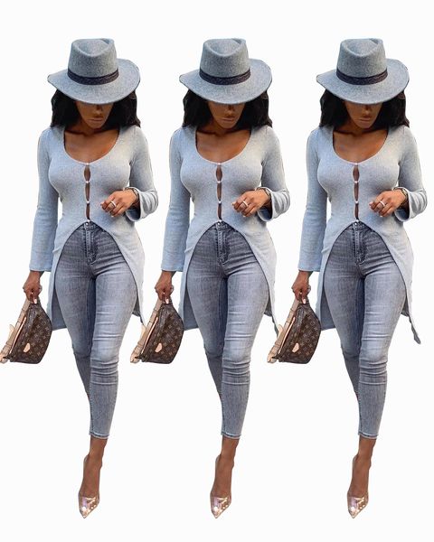 

women autumn rib solid color bottons irregular long sleeves casual loose long tailed shirts tees single-breasted blouses, White