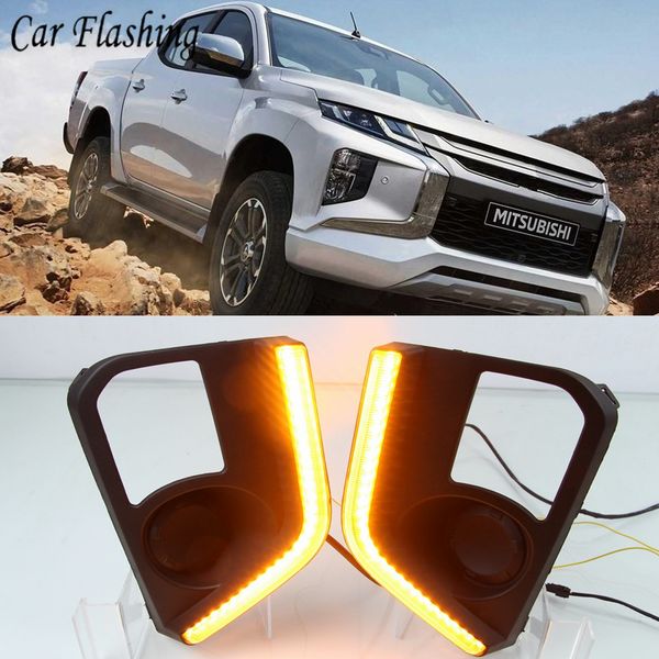 

car flashing 1pair for mitsubishi triton l200 2019 led drl daytime running lights fog lamp cover with yellow turn signal lamp