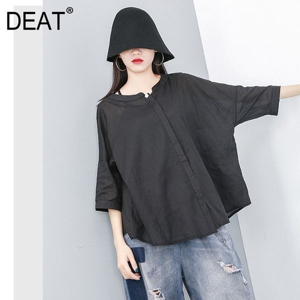 

eam] 2019 new spring summer lapel three quarter sleeve white loose big size oversize two piece shirt women blouse fashion jt16