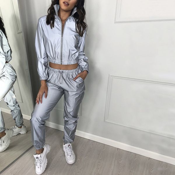 

women tracksuit reflective crop pants female loose zipper jacket coat matching sets plus size short loose sets#1105g5, White;black