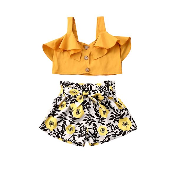 

летние 2-6years детские ребёнки одежда комплекты оборками желтая кнопка рукавов жилет + цветы шорты комплект новорожденные мода одежда, White