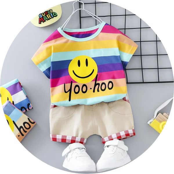 

baby boys clothes set children clothing summer cotton short sleeve striped smile t-shirt shorts 2pcs toddler girls kids clothes, White