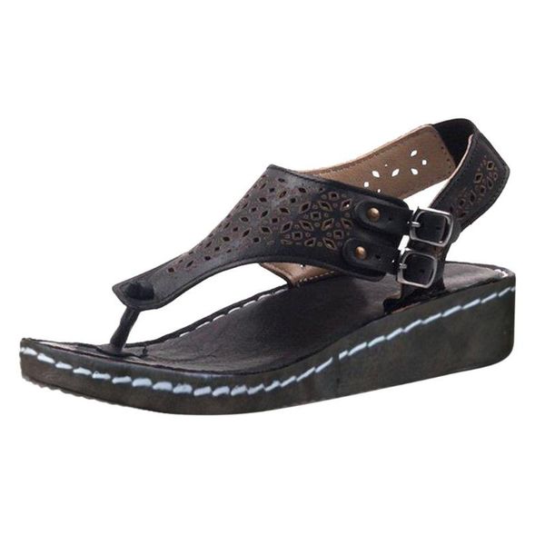

jaycosin sandals women's solid color female shoes ladies summer hollow out wedge buckle sandals casual shoes flat office, Black