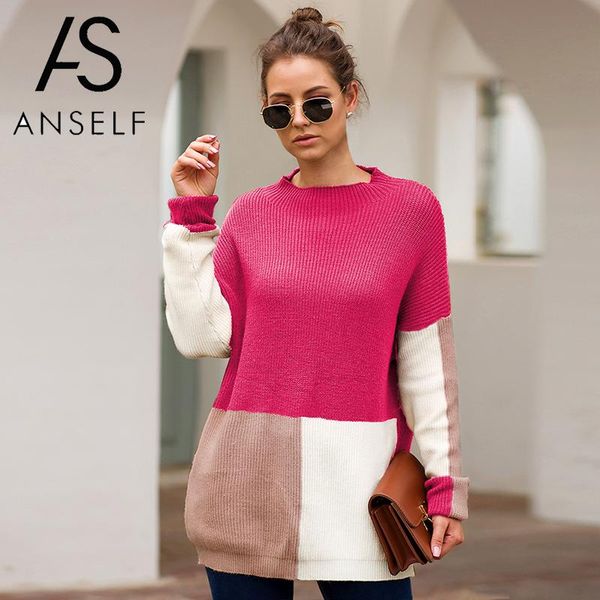 

anself knit sweater women pullovers color block splicing high neck long sleeve knitting long ribbed sweater female jumpers, White;black