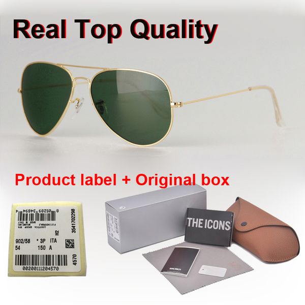 

brand designer sunglasses men women 58/62mm classic pilot sun glasses driving glasses metal frame uv400 glass lens with retail box and label, White;black