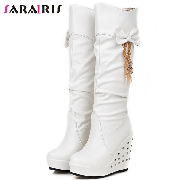 

sarairis new 34-43 fashion super high wedges knee high boots women 2019 winter slip-on add fur platform shoes woman, Black