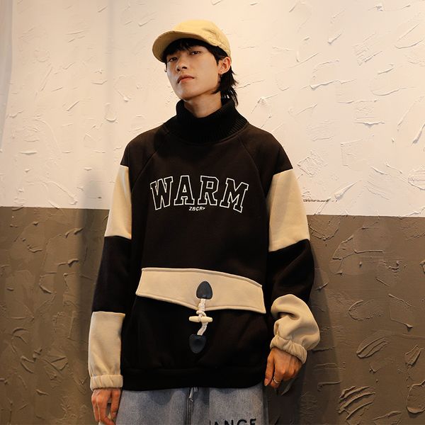 

autumn high collar pullover male loose big pocket hit color capless long sleeve men's clothing, Black