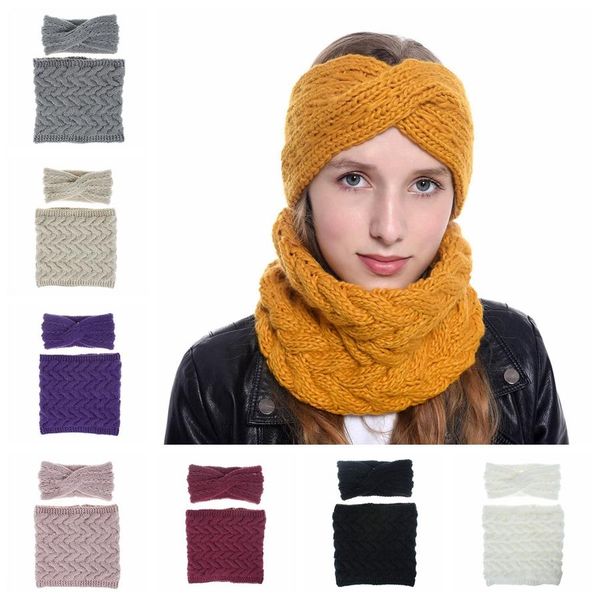 

fashion knit headband scarf set sports hair band winter warm pure color knitted sports woman crochet scarves jj20046, Blue;gray