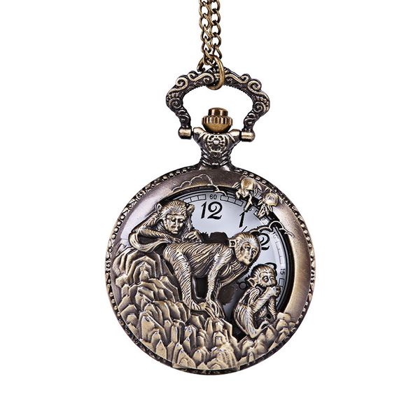 

large retro craved the three monkey pick peaches bronze white surface pocket watch, Slivery;golden