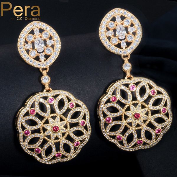

pera sparkling gold color big long dangle cubic zircon round drop bridal wedding party earrings jewelry with rose red stone e175, Silver