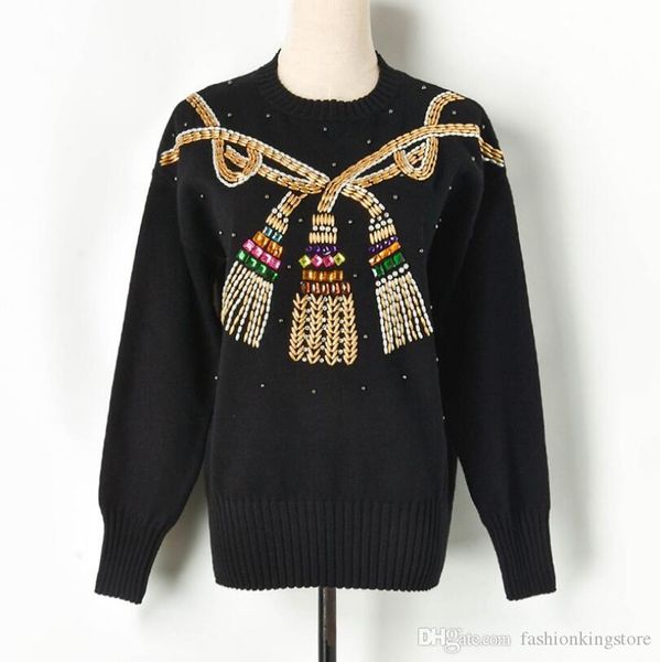 

2019 autumn winter women sweater europe style heavy work beading rope knot fashion o collar designer sweater long sleeve pullover women w180, White;black