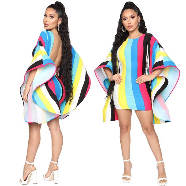 

new designer womens bodycon dresses rainbow stripes printed irregular o-neck open back cloak sleeve bodycon above knee mini midi dress, Black;gray
