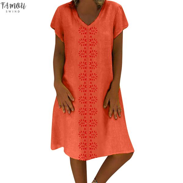 

2020 new summer women dress plus size style v-neck printed cotton and linen casual plus size beach sundress 903211, Black;gray