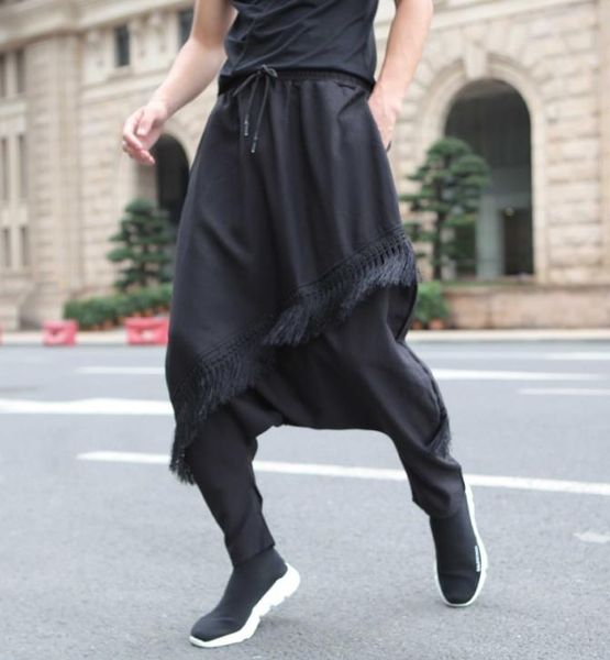

fashion men saggy pants tassels tide hip hop men's boys joggers harem pants mens loose collapse trousers streetwear bottoms xxl, Black