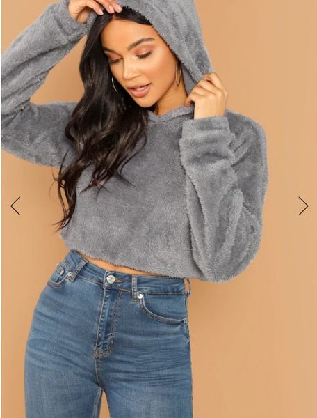 

grey minimalist solid drop shoulder crop teddy hoodie sweatshirt autumn casual fashion women pullovers sweatshirts high quality, Black