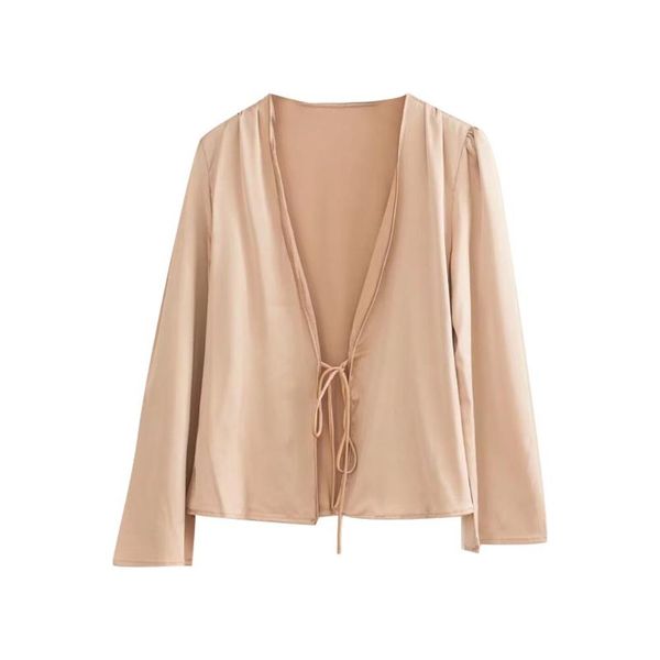 

solid color women's self tie open front blouse satin long sleeve cardigan, White