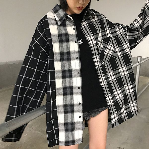

sexemara 2019 autumn new blouse turn-down full batwing sleeve plaid color splicing ladies fashion loose shirt cst159, White
