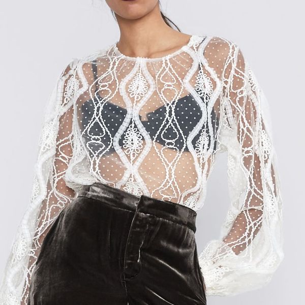 

transparent women blouse autumn 2010 spring new fashion shine through pullover shirt hollow out lady white