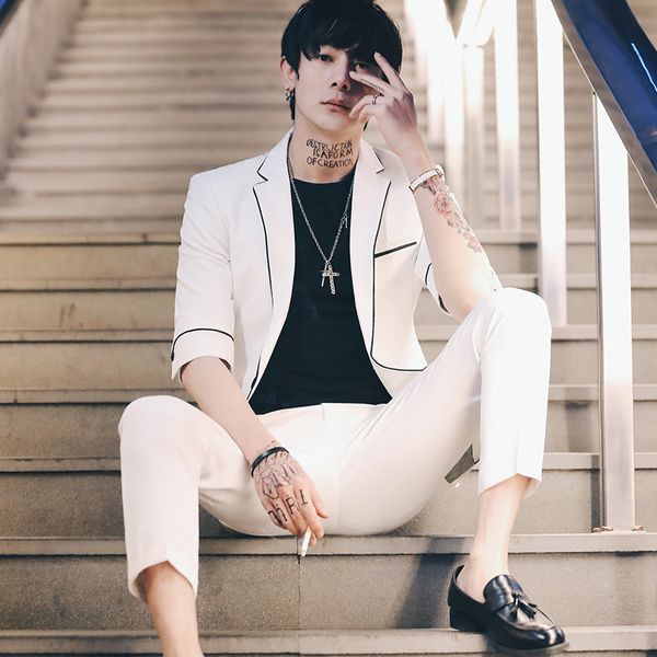 

mens suits slim fit 2 pieces set costume homme white black suit groom wedding tuxedos men short sleeve formal prom suit terno