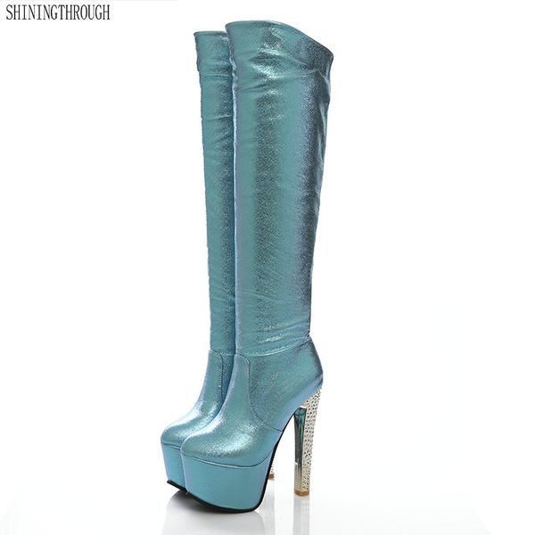 

2019 new 15cm super high heels women boots 6cm platform knee high boots ladies dress club dancing shoes gold silver blue, Black