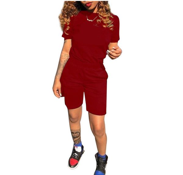 

a two-piece women's casual sports suit with monogrammed short sleeve shorts for summer 2019, Red