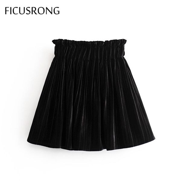 

2020 women new summer black velvet pleated skirt pants female elastic waist mini solid casual natural skirts ficusrong