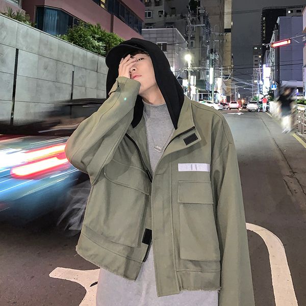 

19 autumn new korean version of the college wind casual personality tooling loose stitching long-sleeved hooded jacket, Black;brown