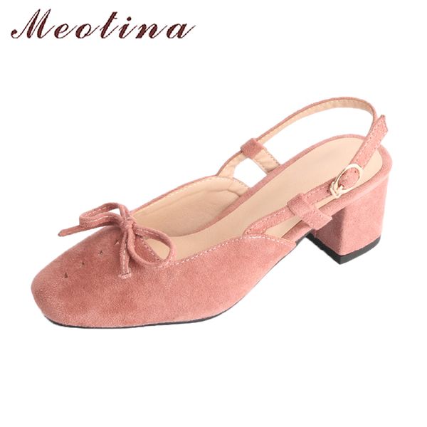 

meotina women slingbacks thick high heels shoes pumps spring buckle strap bow shoes female pink plus size 44 casual shoes, Black