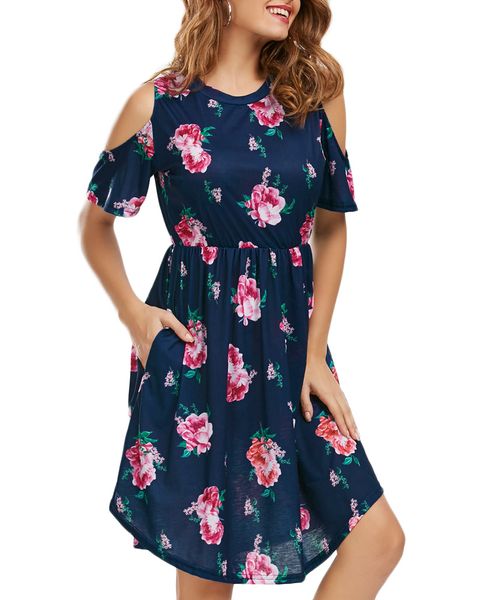 

women mini dress floral print cold shoulder summer dress 2019 cut out o-neck short sleeve elegant party dresses dark blue, Black;gray