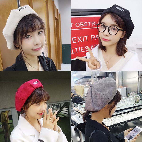 

autumn and winter suede beret casual wild art painter hat cute letter pumpkin hat hipster woman, Blue;gray