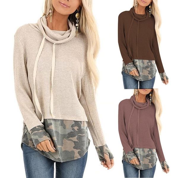 

fashion women camouflage patchwork heaps collar long sleeve casual blouse hoodie ladies' casual pattern patchwork coat, Black