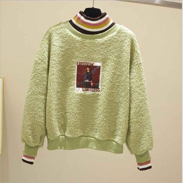 

2019 autumn and winter new furry sweater female turtleneck plus velvet thick korean loose lamb wool coat tide, Black