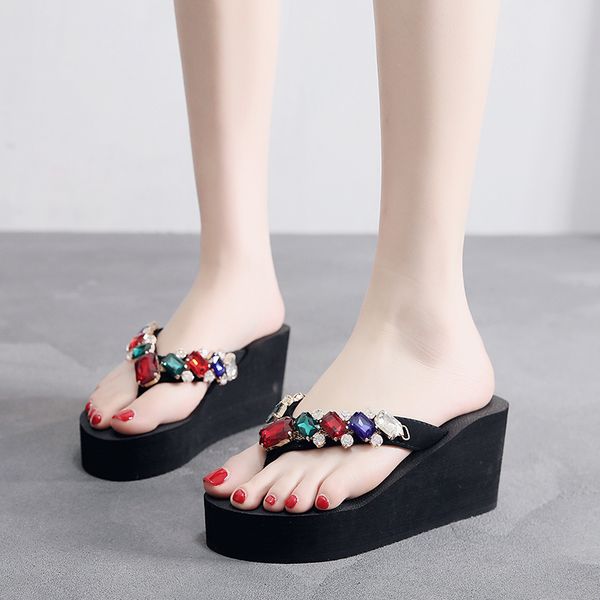 

drop shipping shujin 2019 women flip flops beading flower wedges beach slippers shoes fashion summer sandals, Black