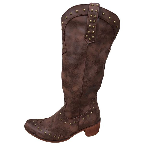 

women's western boots long tube winter leather knight boot england style 2019 lady fashion rivet high heel retro shoes cowboy