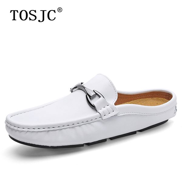 

tosjc fashion men half loafers breathable slip-on mules lightweight slippers buckle anti-slip drag shoes man soft driving shoes, Black