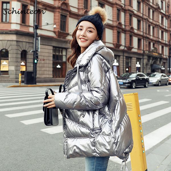 

women's down & parkas schinteon 2021 korean jacket with hood warm winter outwear loose garment fashion shinny bright color gold sliver, Black