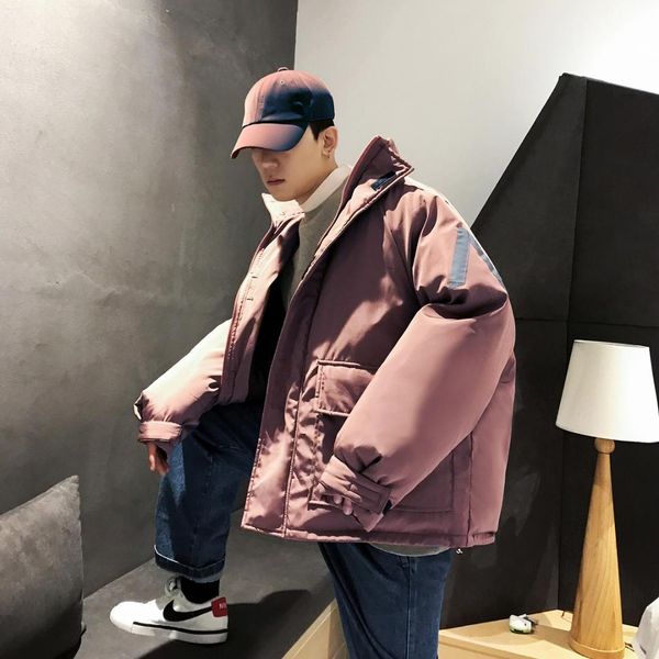 

2018 winter men casual сыпучие сгущает флуоресценция сплошной цвет хлеба хлопка-проложенный одежды пальто отворотом снег куртка утепленная м, Black