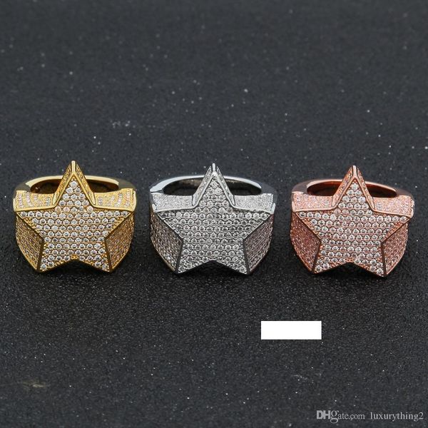 

hip hop mens jewelry rings five-point star bling rings iced out zircon fashion hiphop rose gold silver ring
