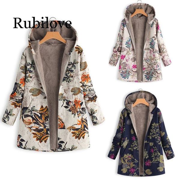 

rubilove 5xl plus size women long parkas coats vintage floral print thick fleece jacket winter female hooded warm outerwear, Tan;black