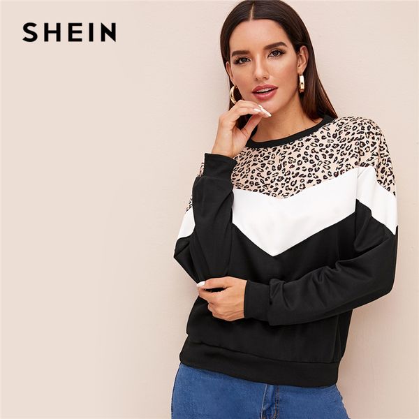 

shein contrast colorblock print casual sweatshirt women pullover 2019 autumn long sleeve basic ladies fashion sweatshirts, Black