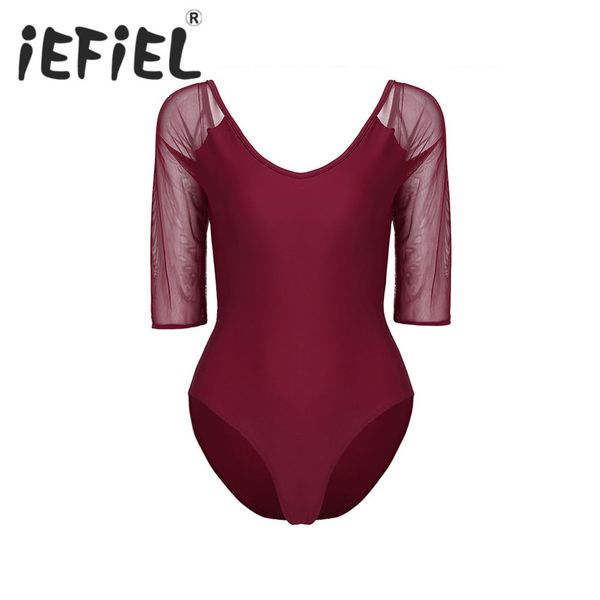 

iefiel women adults mesh 3/4 sleeve stretch camisole gymnastics dress ballet dancing stage performance leotard bodysuit romper, Black;red