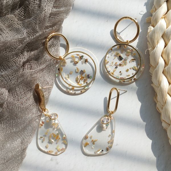 

korean new design fashion jewelry transparent acrylic broken shell earrings gold metal asymmetrical geometric earrings for women, Silver