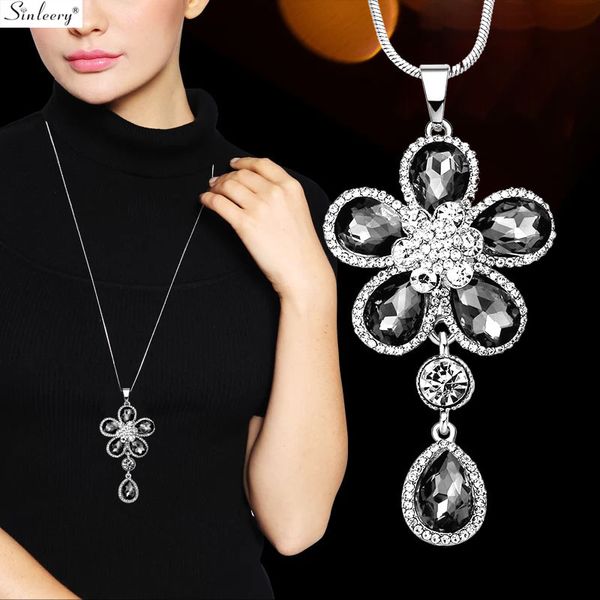 

sinleery dazzling flower long pendant necklace silver color chain gray blue zircon crystal necklace for women jewelry my090 ssd